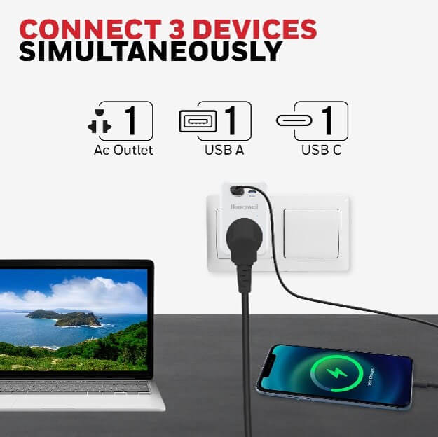 ปลั๊กแปลง HONEYWELL รุ่น HC000033 ป้องกันไฟกระชาก (USB-C 1 ช่อง, USB-A 1 ช่อง)_3